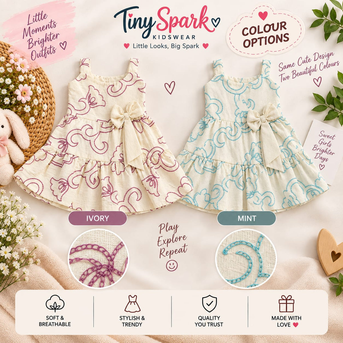 Ivory Floral Bow – Ruffle Dress