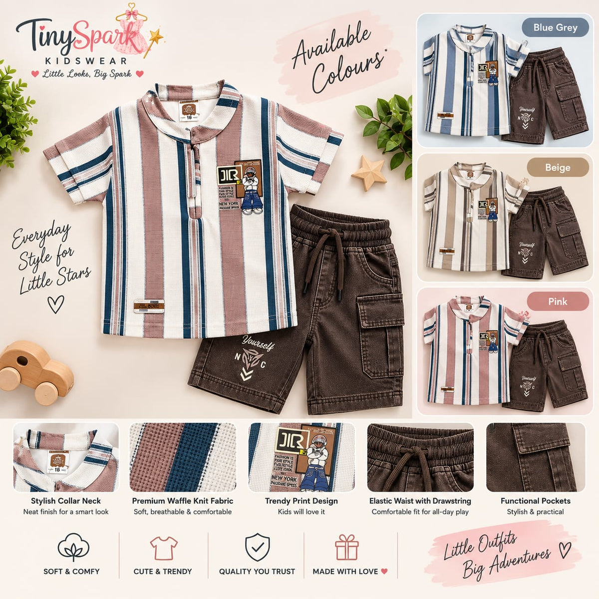 Striped Waffle – Shirt & Cargo Shorts Set